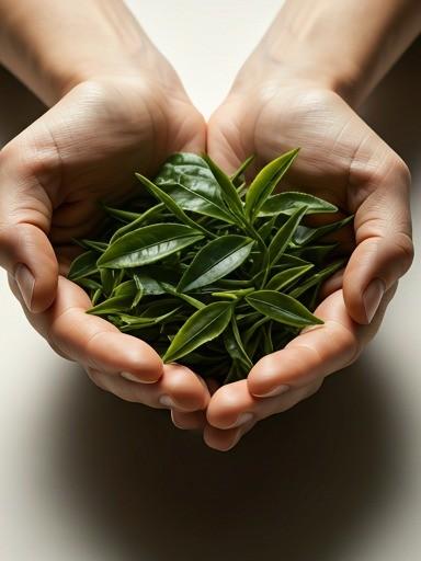 Hands cupping freshly picked tea leaves